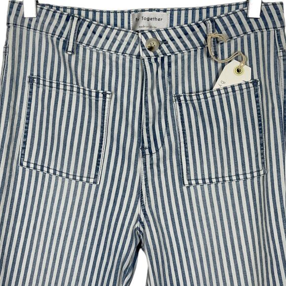 By Together Blue Striped Bell Bottom Jeans Small New High Waisted Boho Flare - Picture 3 of 6